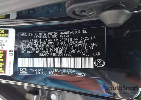 2020 Lexus Es 350 Luxury z USA, uszkodzony, nr VIN 58AEZ1B16LU068960